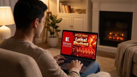 Man sitting on a couch at home using a laptop to study NCLEX prep materials from Klimek Reviews.