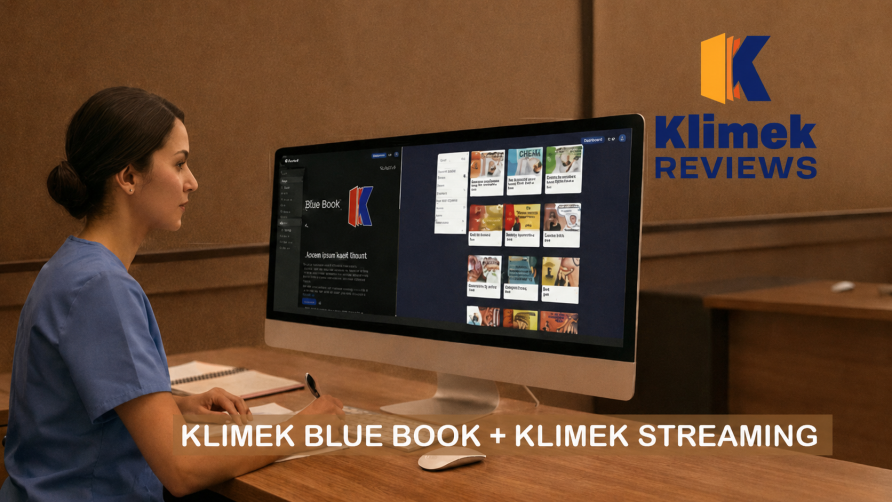 Nurse in scrubs sitting at a desk, studying using a desktop computer displaying the Klimek Community platform with Blue Book and Streaming access panels.